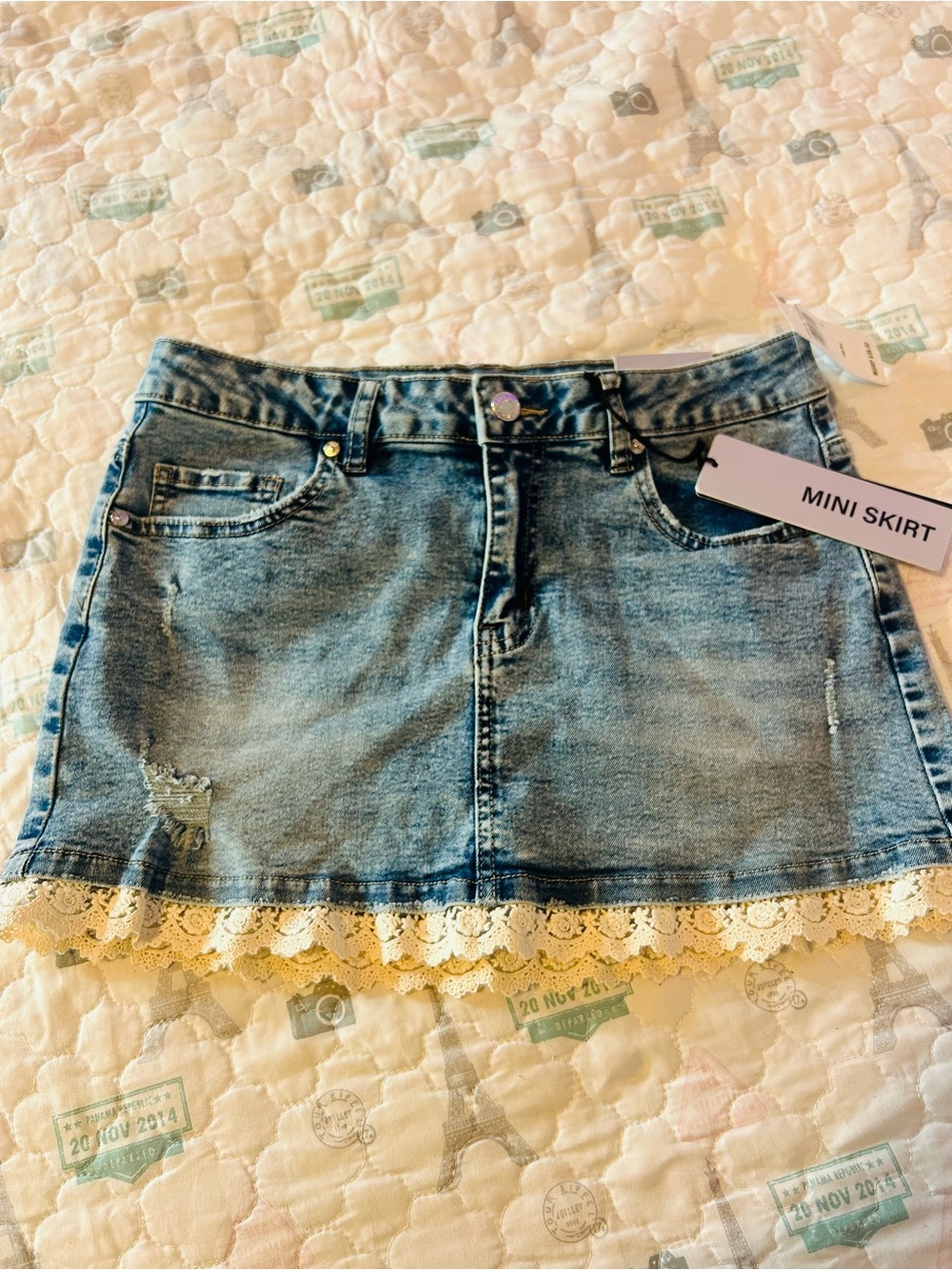 Madden Girl Light Blue Denim Mini Skirt with Cream Lace Hem